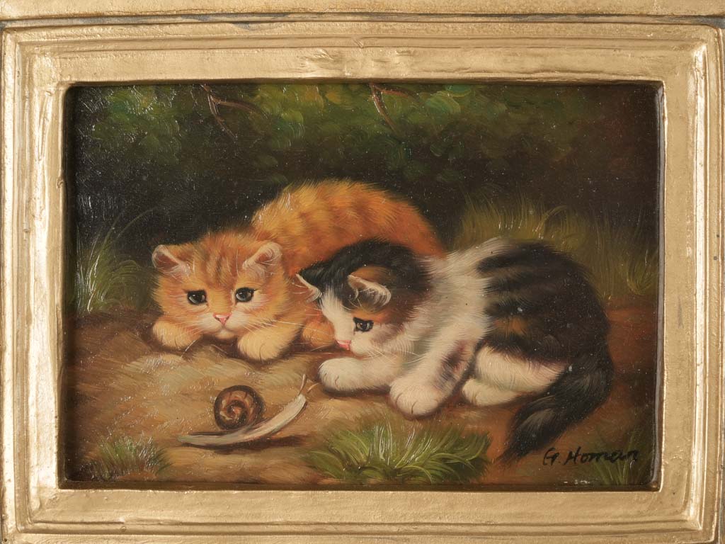 Charming Antique Oil Painting of Cats w/ Snail in Ornate Gilded Frame 12¼" x 14½"