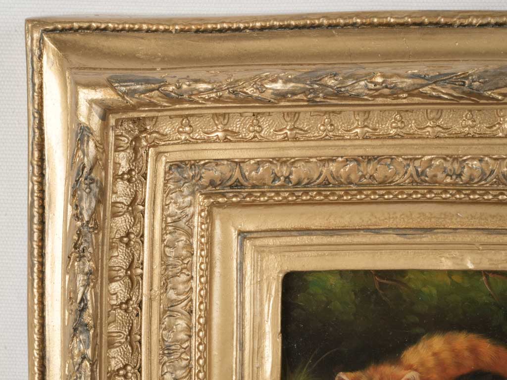 Charming Antique Oil Painting of Cats w/ Snail in Ornate Gilded Frame 12¼" x 14½"