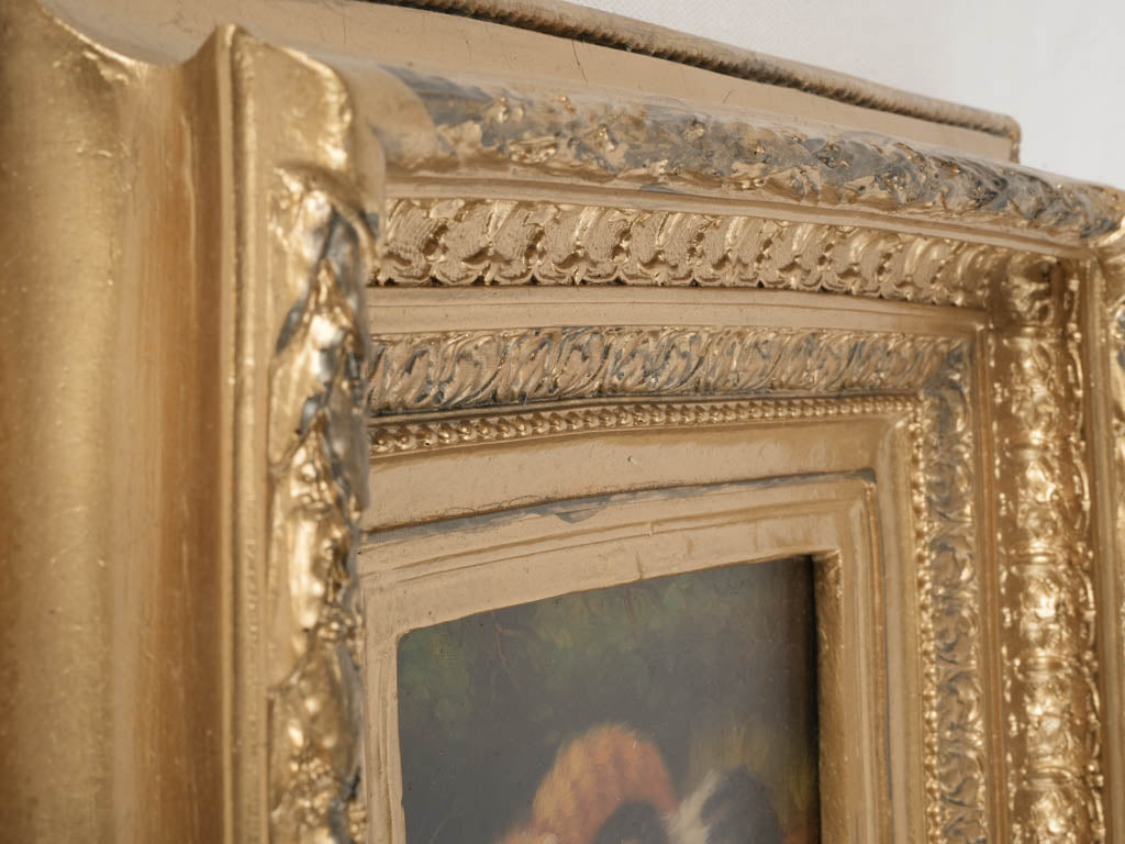 Charming Antique Oil Painting of Cats w/ Snail in Ornate Gilded Frame 12¼" x 14½"