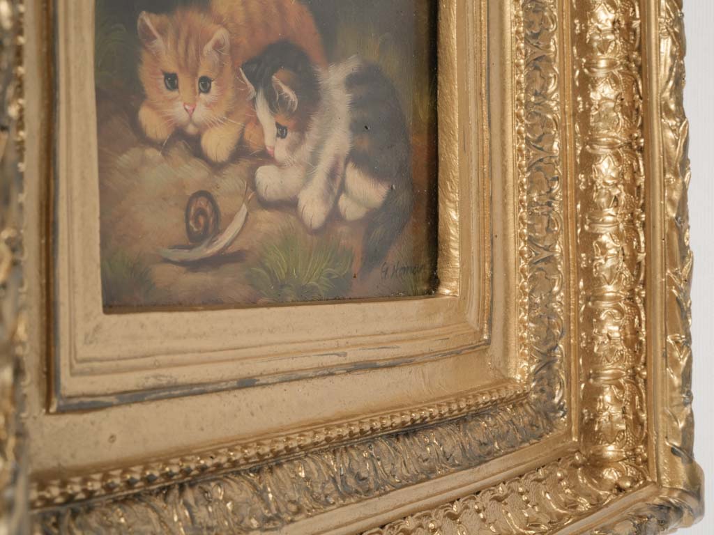 Charming Antique Oil Painting of Cats w/ Snail in Ornate Gilded Frame 12¼" x 14½"