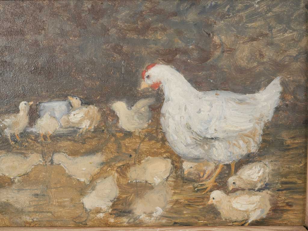 Antique Oil Painting of a Mother Hen w/ Chicks 11¾" x 14¼"