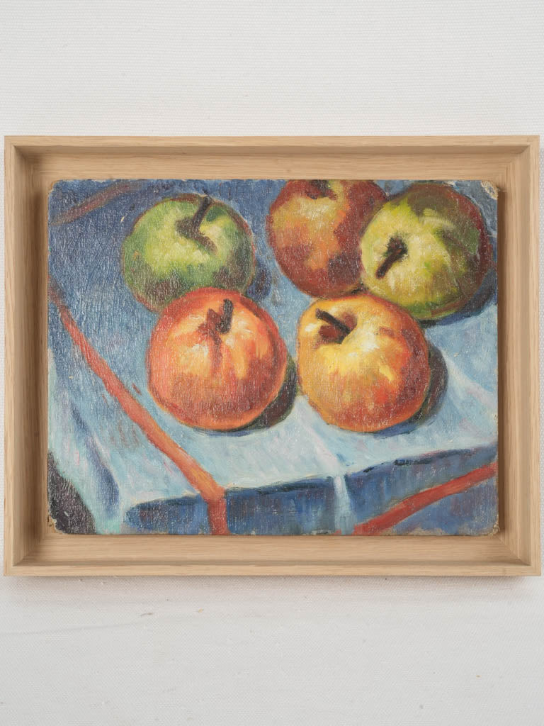 Rustic Still Life Oil Painting - Apples on Blue Tablecloth