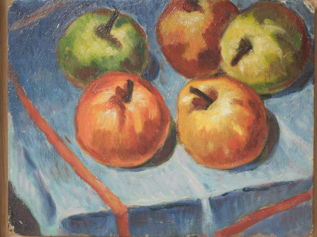 Rustic Still Life Oil Painting - Apples on Blue Tablecloth