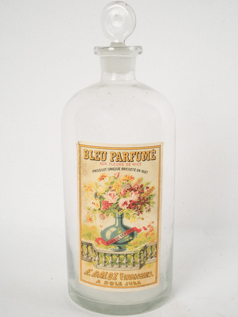 Large antique French glass flask w/ pretty label - 14¼"