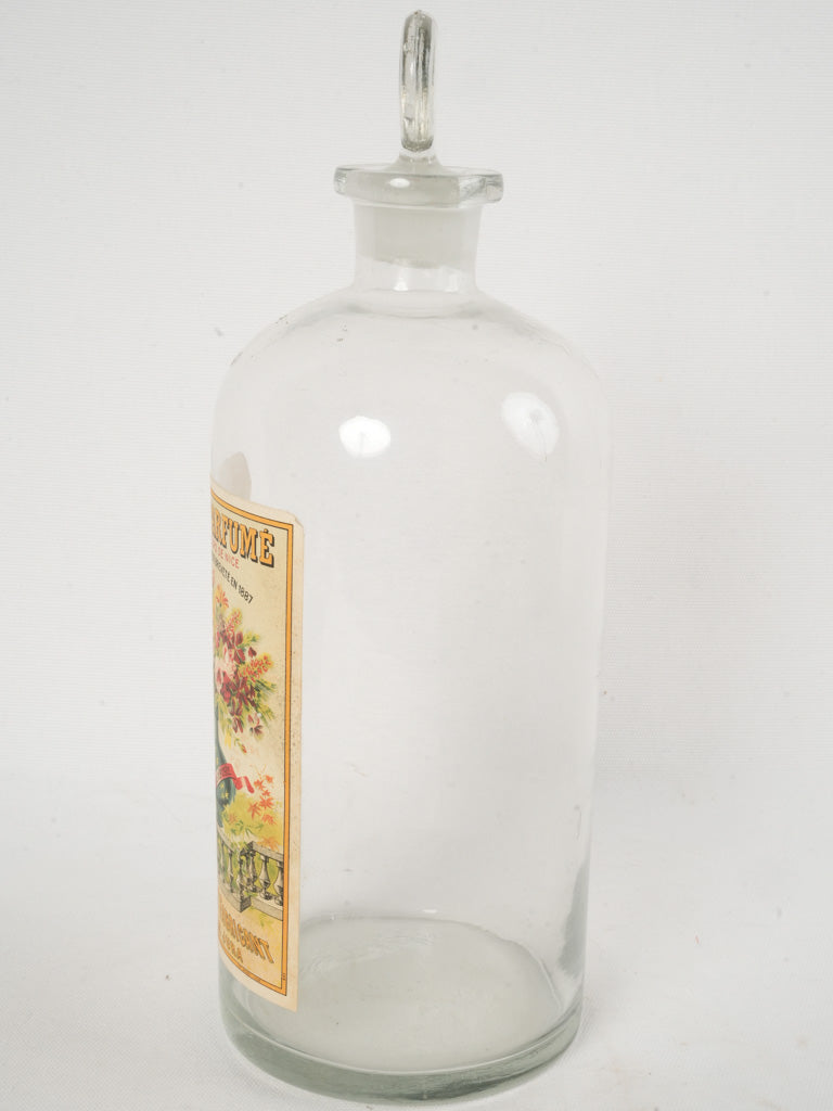 Large antique French glass flask w/ pretty label - 14¼"