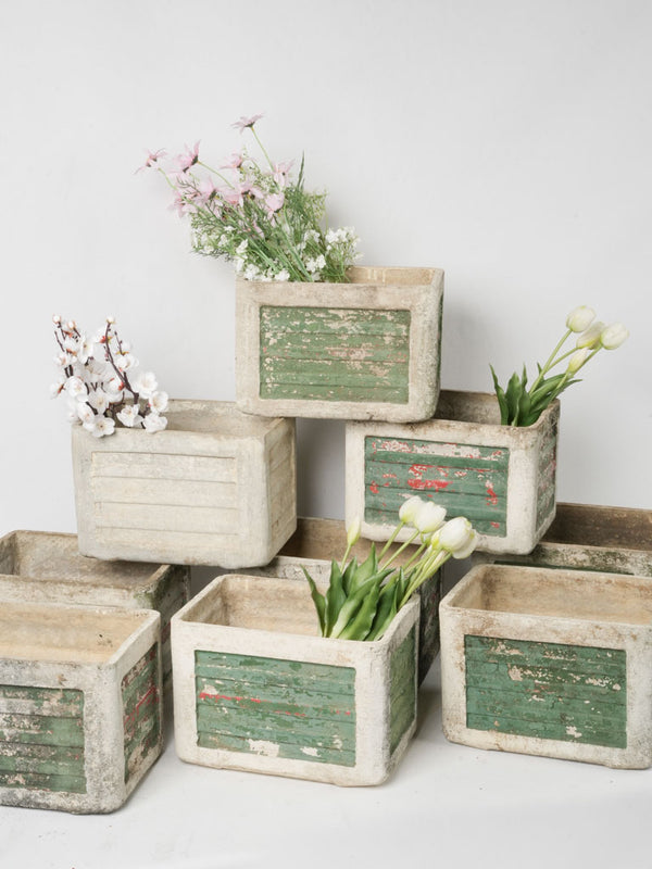 Set of Nine Small Vintage Rectangular Planters w/ Weathered Green Patina