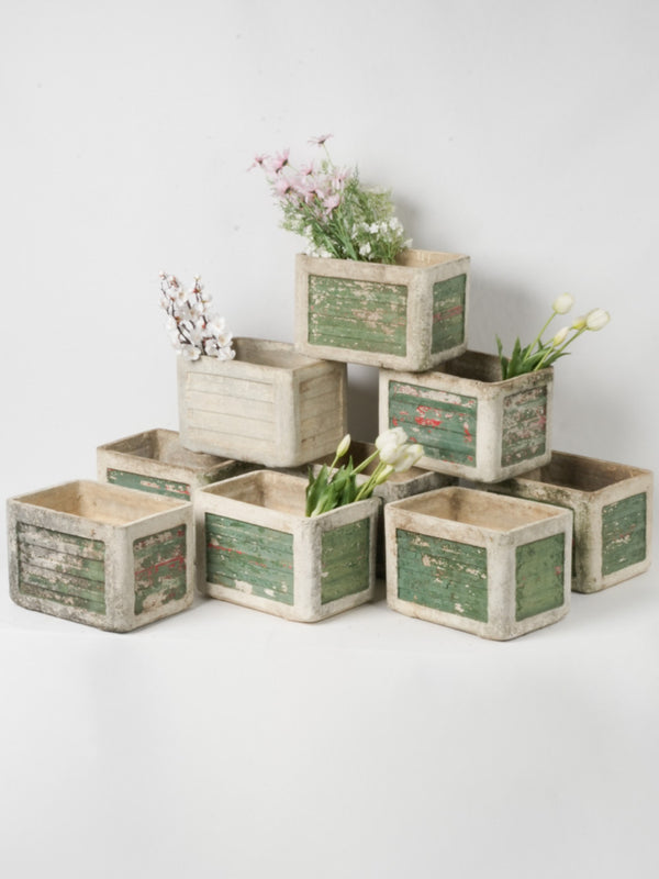 Set of Nine Small Vintage Rectangular Planters w/ Weathered Green Patina