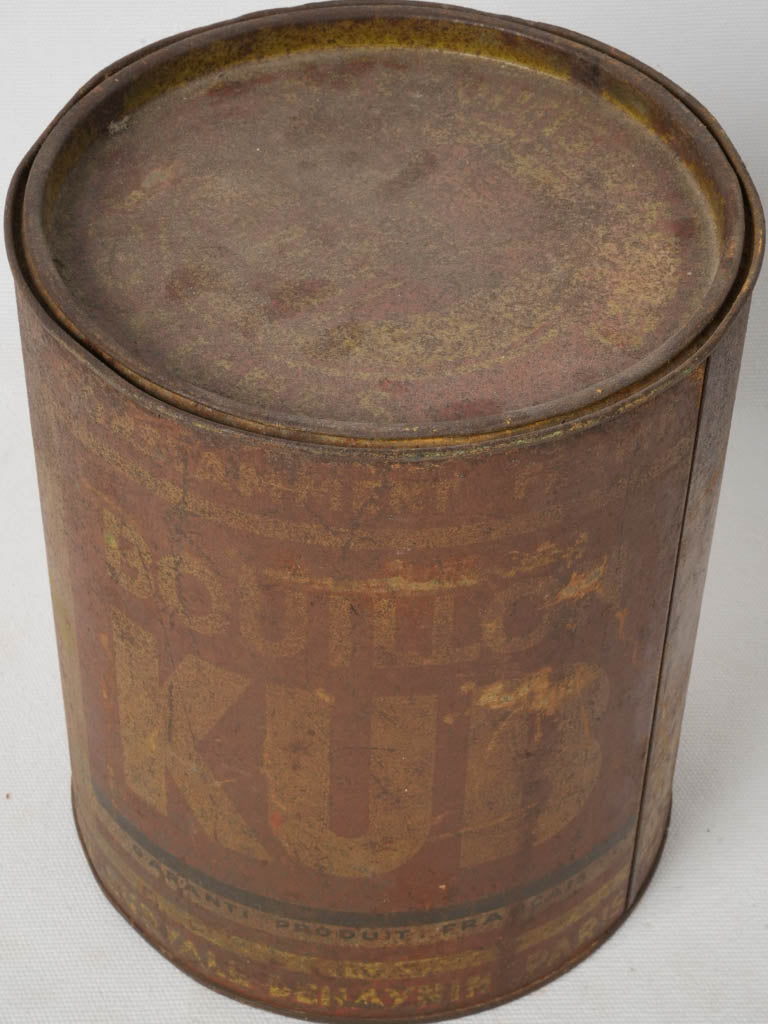 Patina-covered vintage French bouillon canister