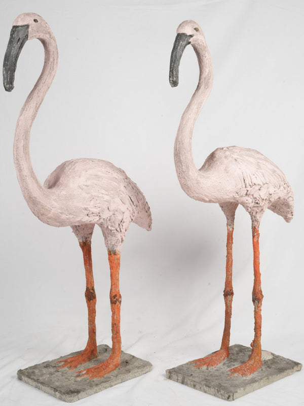 Pair of Vintage Painted Concrete Flamingo Garden Sculptures 57"