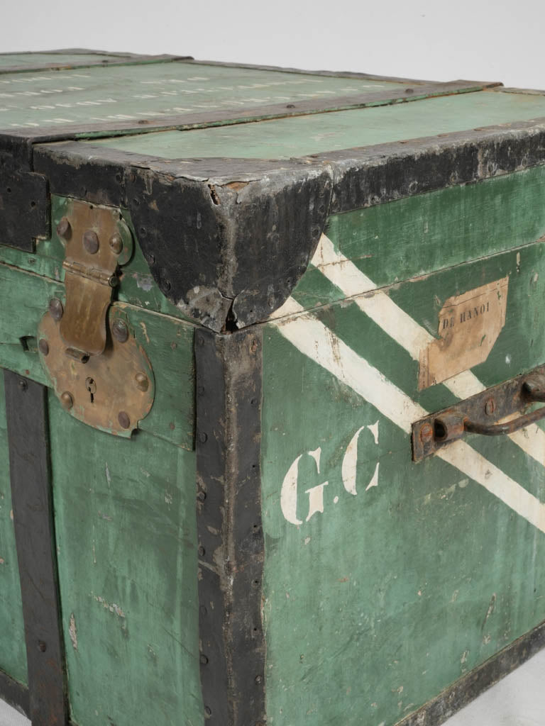 Aged wooden trunk with French markings