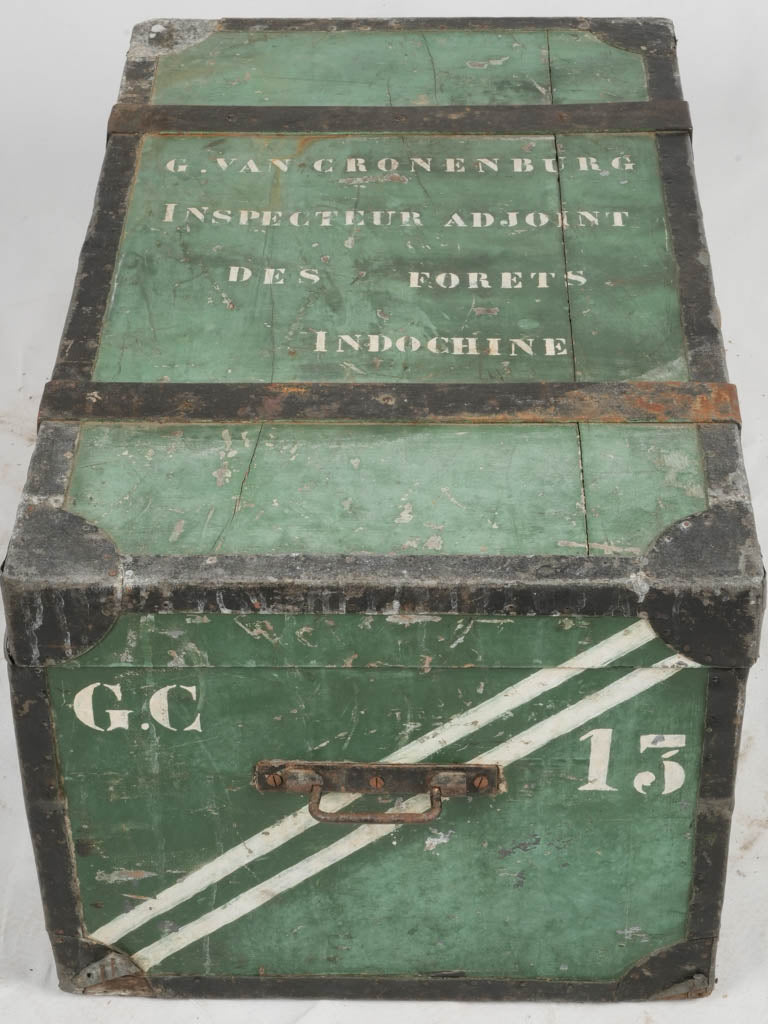 Industrial French colonial green-painted storage trunk