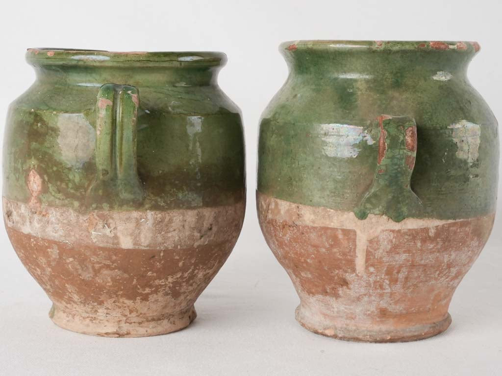 2 antique French confit pots - green 7½"