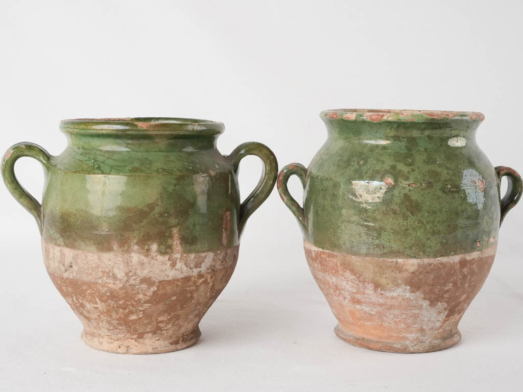 2 antique French confit pots - green 7½"