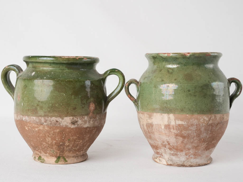 2 antique French confit pots - green 7½"