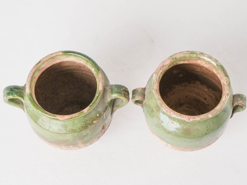 2 antique French confit pots - green 7½"