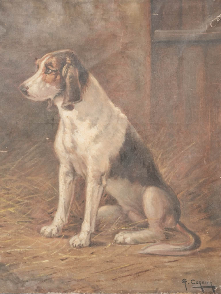 Antique tricolor hunting dog artwork  