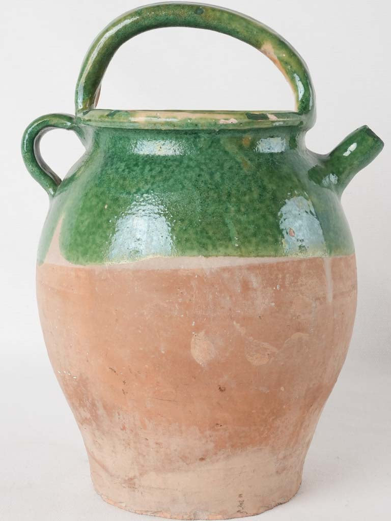 Large antique French water pitcher - dark green half glaze 14¼"