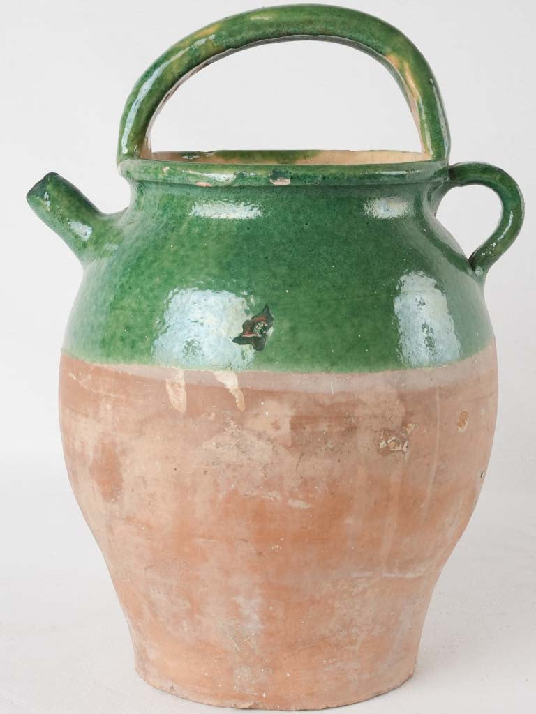 Large antique French water pitcher - dark green half glaze 14¼"