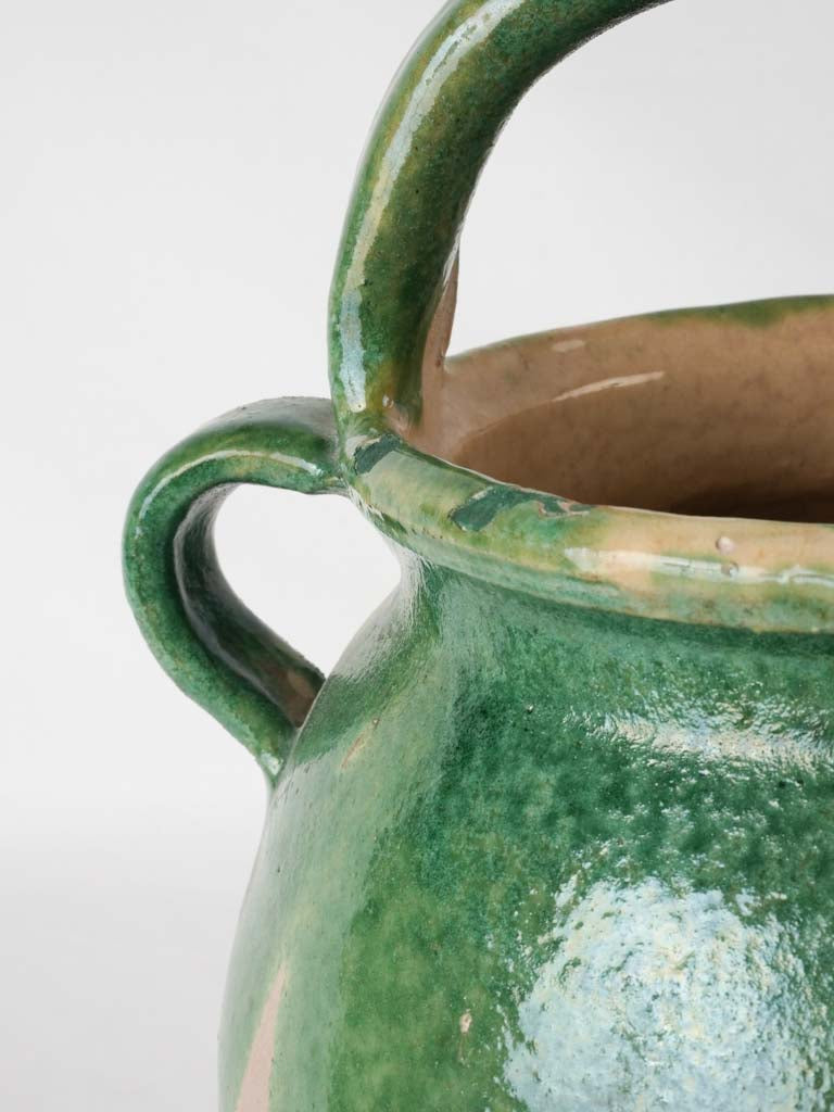 Large antique French water pitcher - dark green half glaze 14¼"