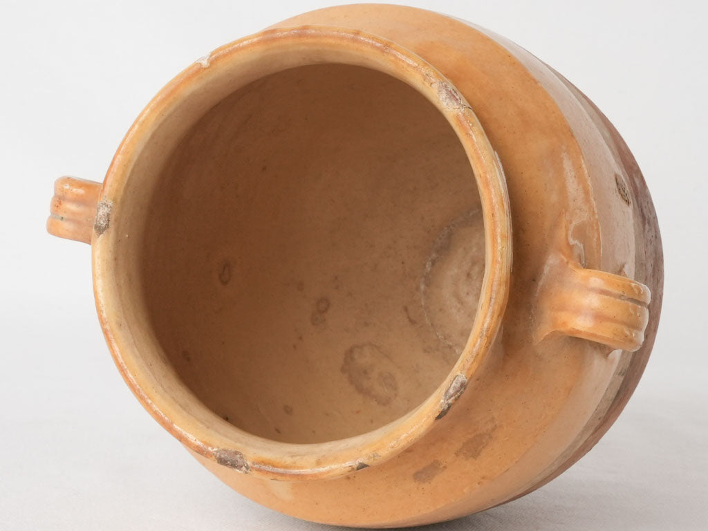 Antique French confit pot - ocher & beige glaze w/ 2 handles 9¾"