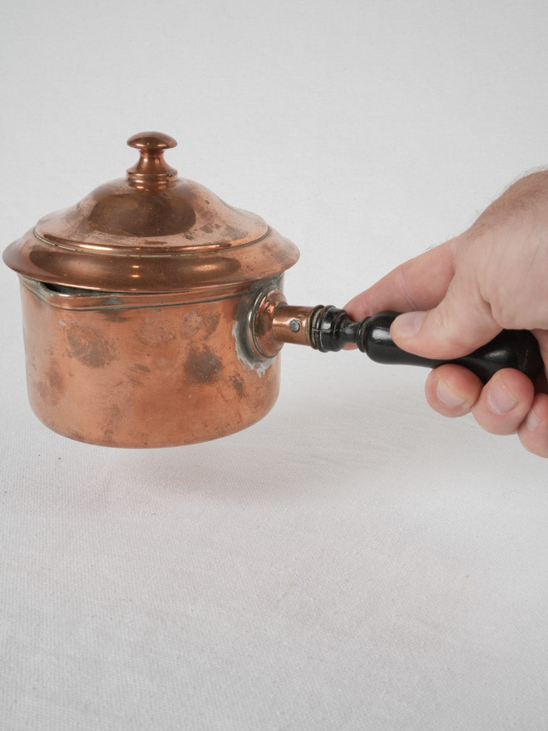 French blackened wood handle copper saucepan