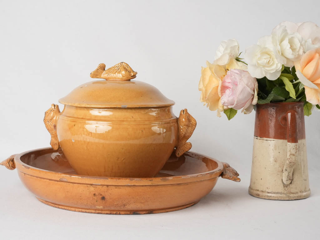 Antique ocher-glazed bouillabaisse tureen