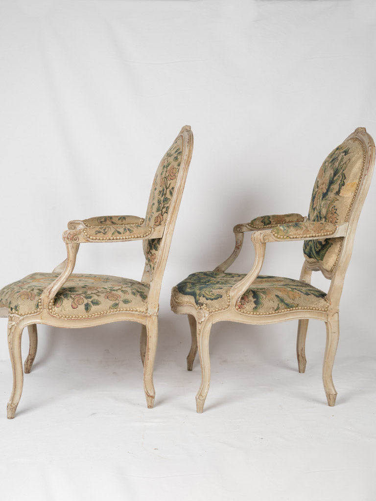 Painted oak floral armchairs