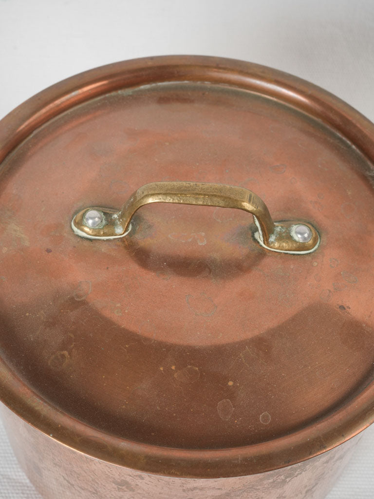 Elegant aged brass-handled copper pot