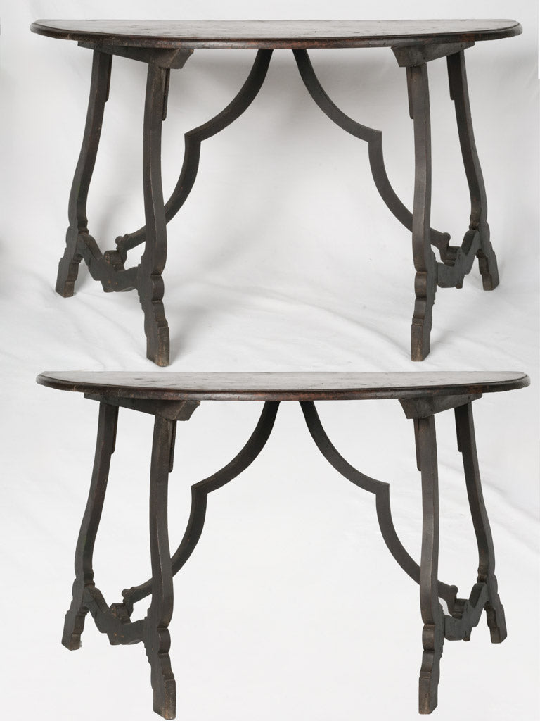 Rare Italian console tables with curved stretcher