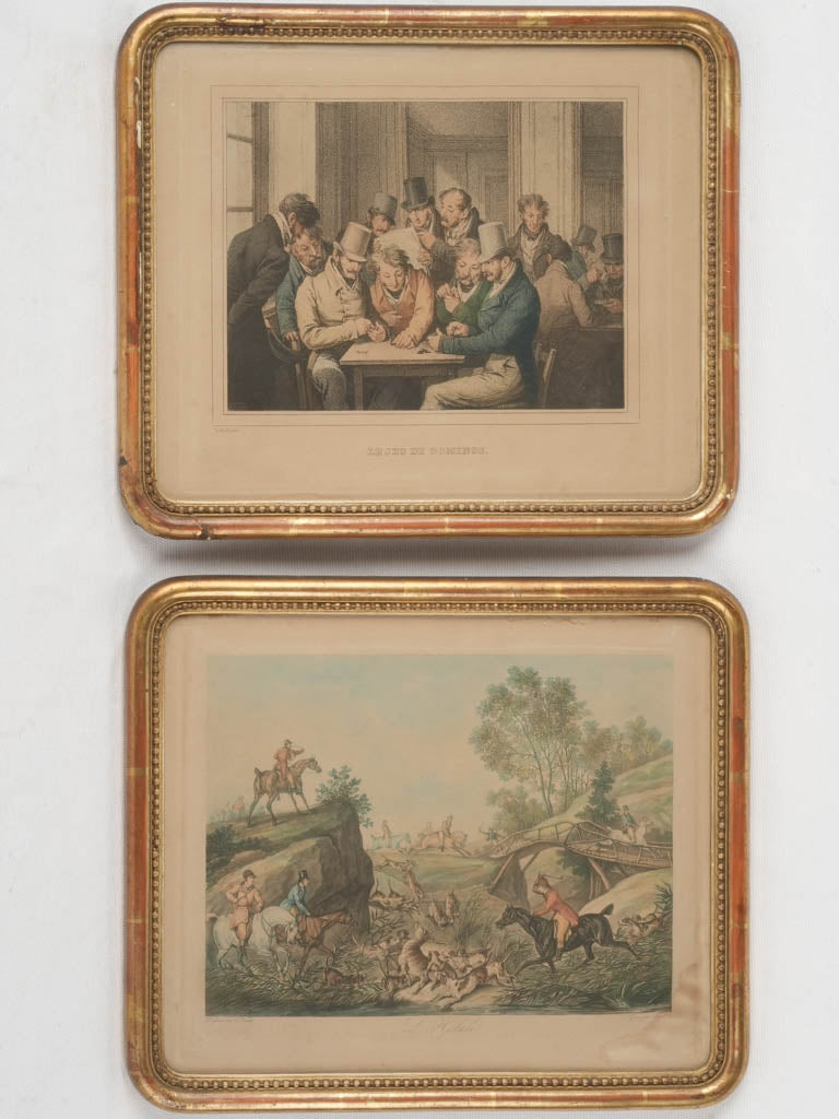 Pair of antique French Engravings - Dominos & Hunting Scene 11" x 13"