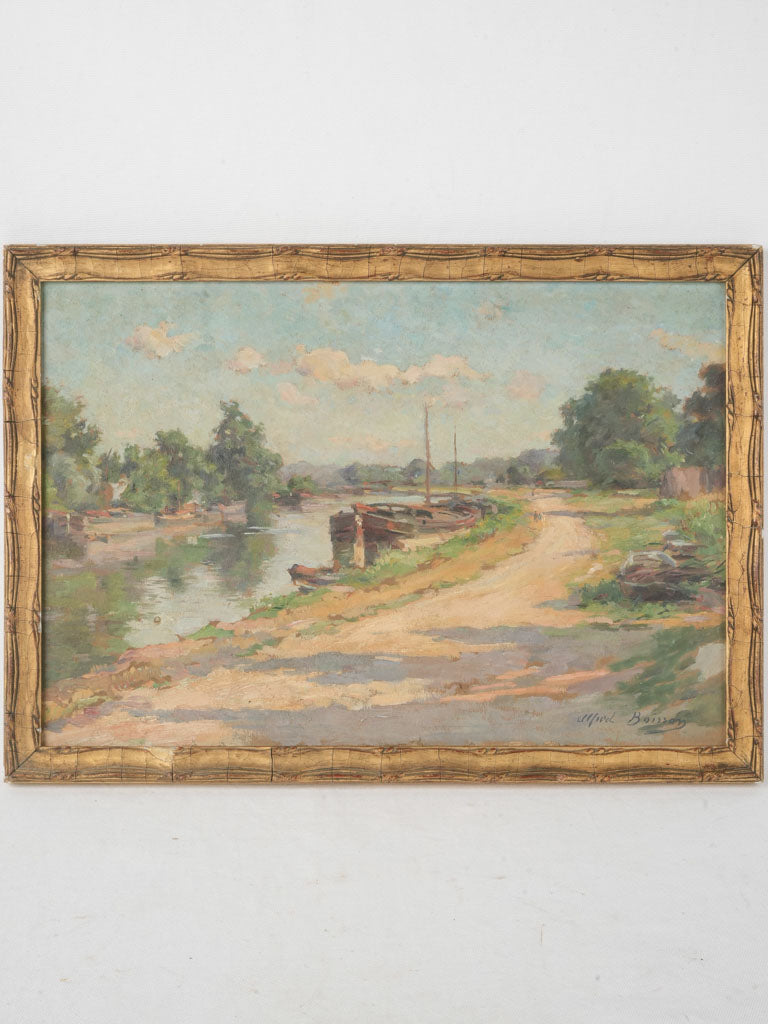 Vintage French riverscape painting.