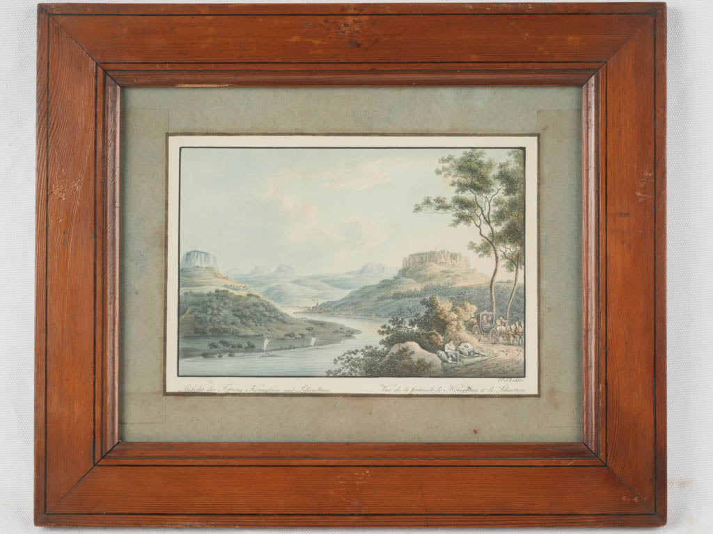 Serene riverside scene engraving