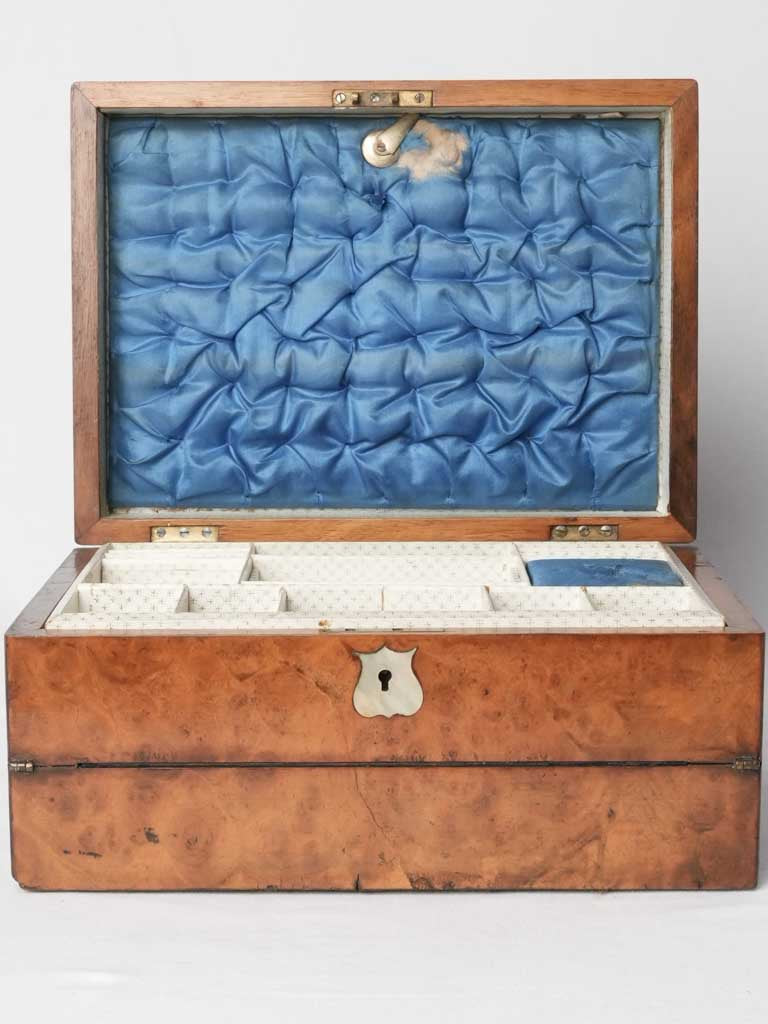 Elegant blue-silk-upholstered writing box