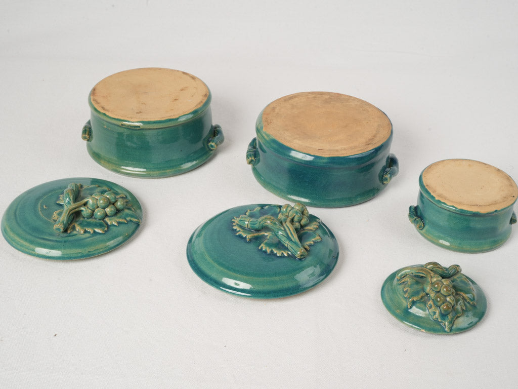 Teal blue glaze fruit motif pots