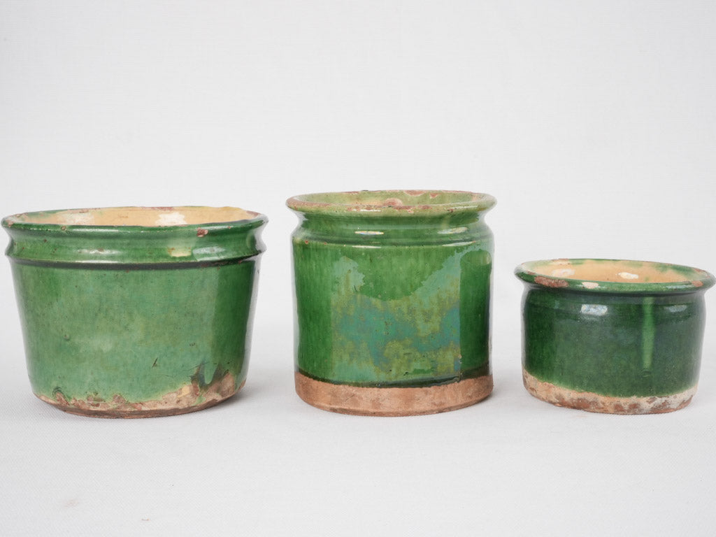 Collection of 3 antique jam pots - green 5"