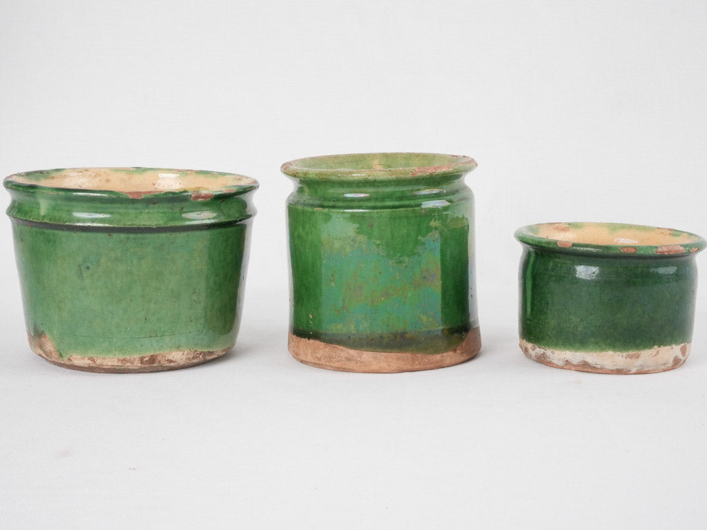 Collection of 3 antique jam pots - green 5"