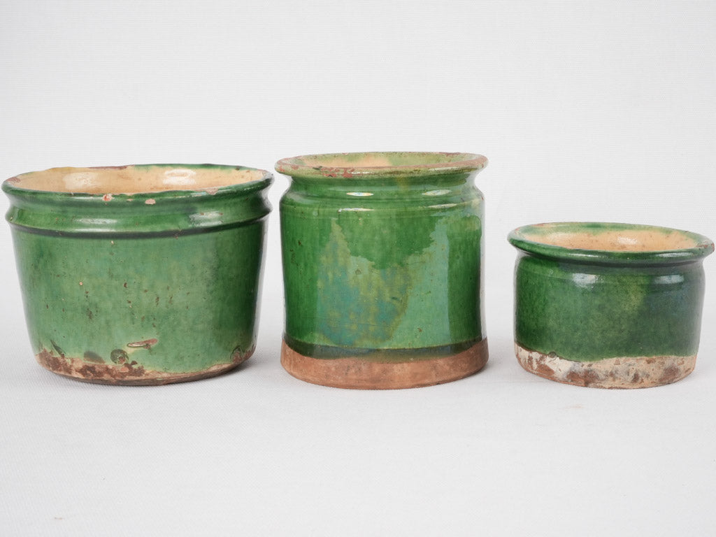 Collection of 3 antique jam pots - green 5"