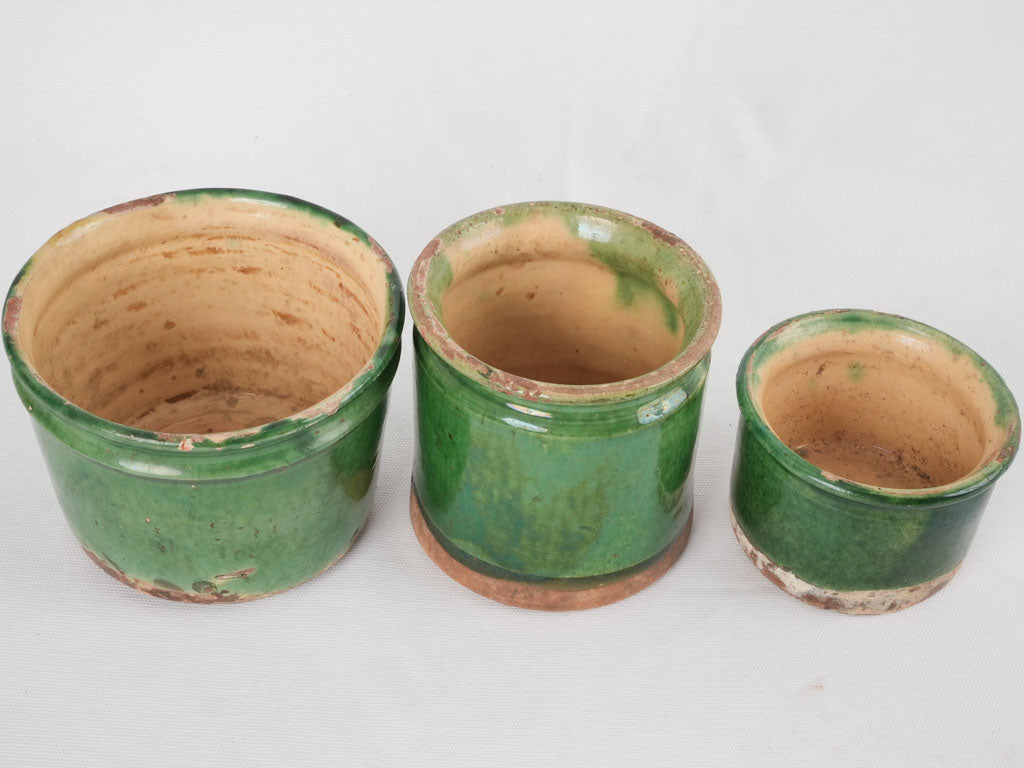 Collection of 3 antique jam pots - green 5"