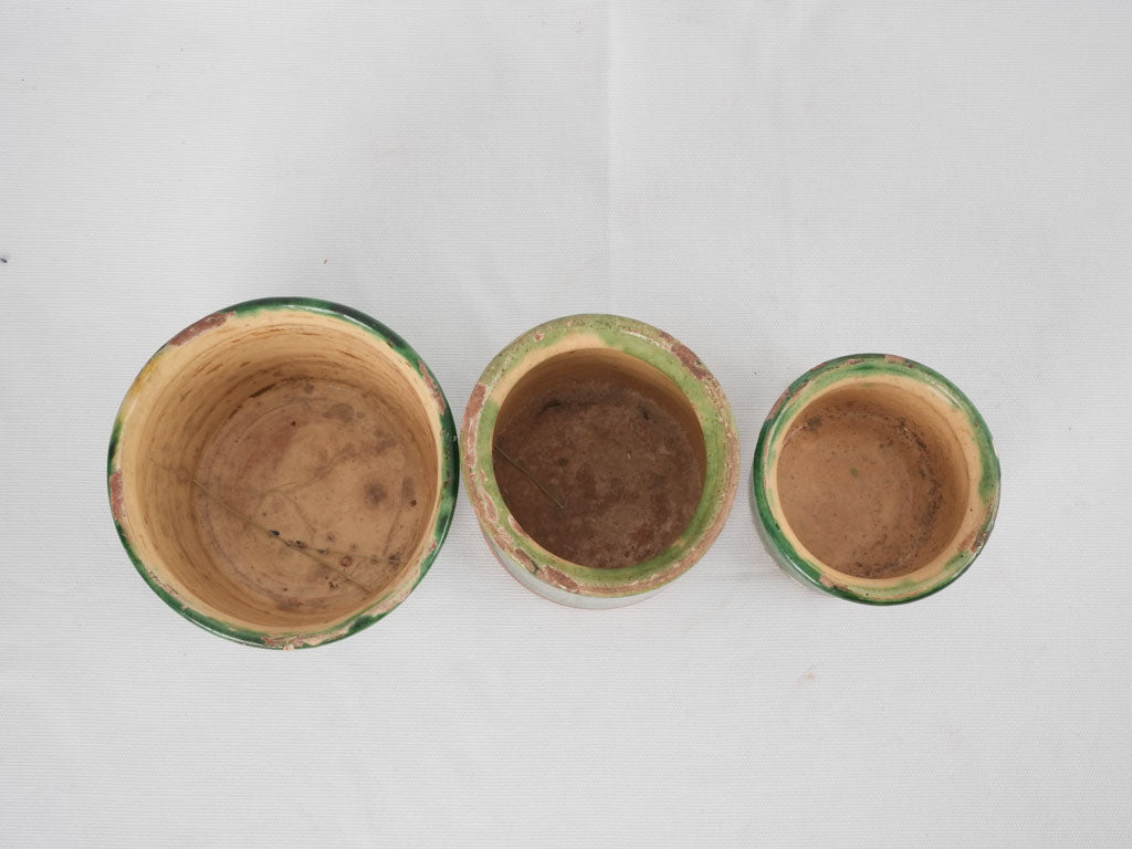 Collection of 3 antique jam pots - green 5"