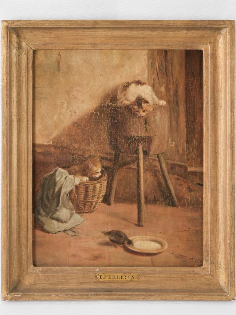 Antique French portrait of kittens watching a bird 18½" x  15¾"