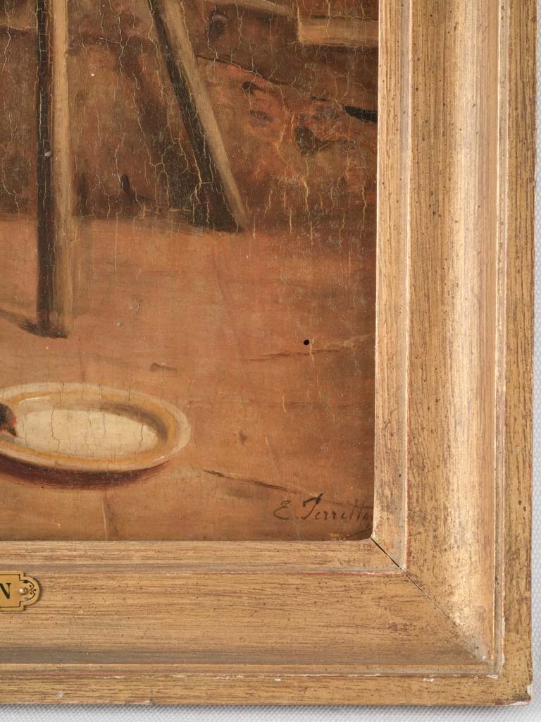 Antique French portrait of kittens watching a bird 18½" x  15¾"