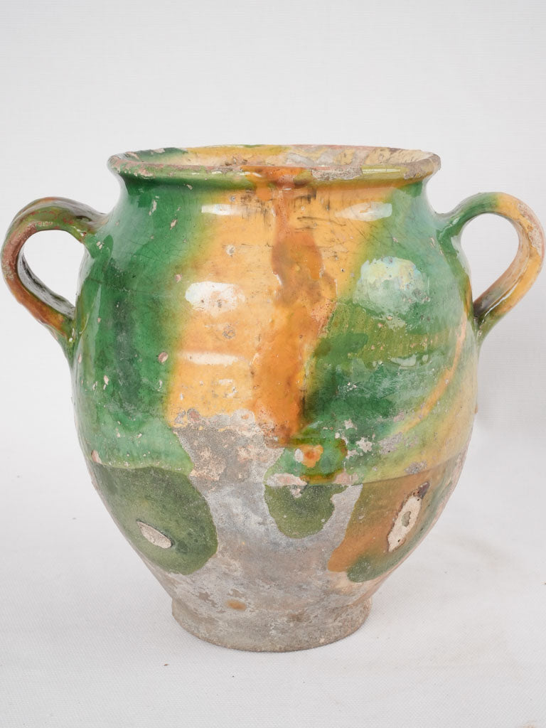 Antique French confit pot w/ yellow & green glaze 8¾"