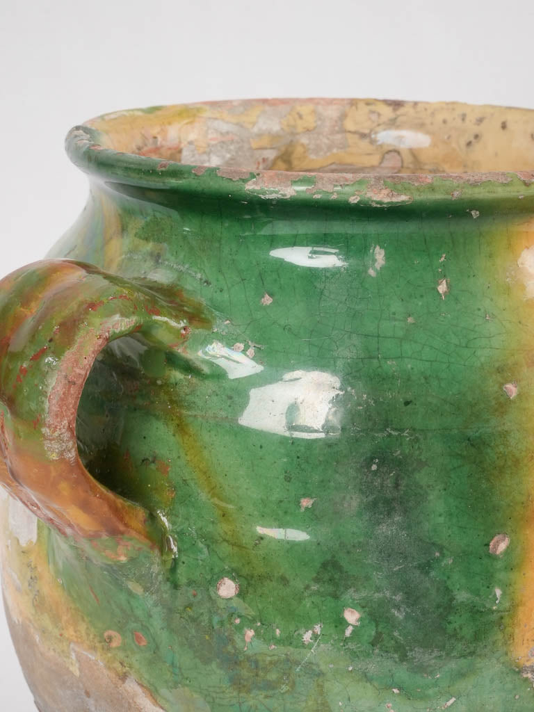 Antique French confit pot w/ yellow & green glaze 8¾"