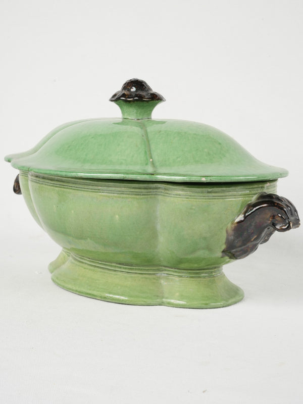 Antique French green ceramic oval tureen