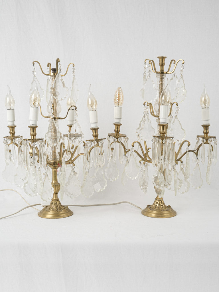 Antique French crystal girandole table lamps