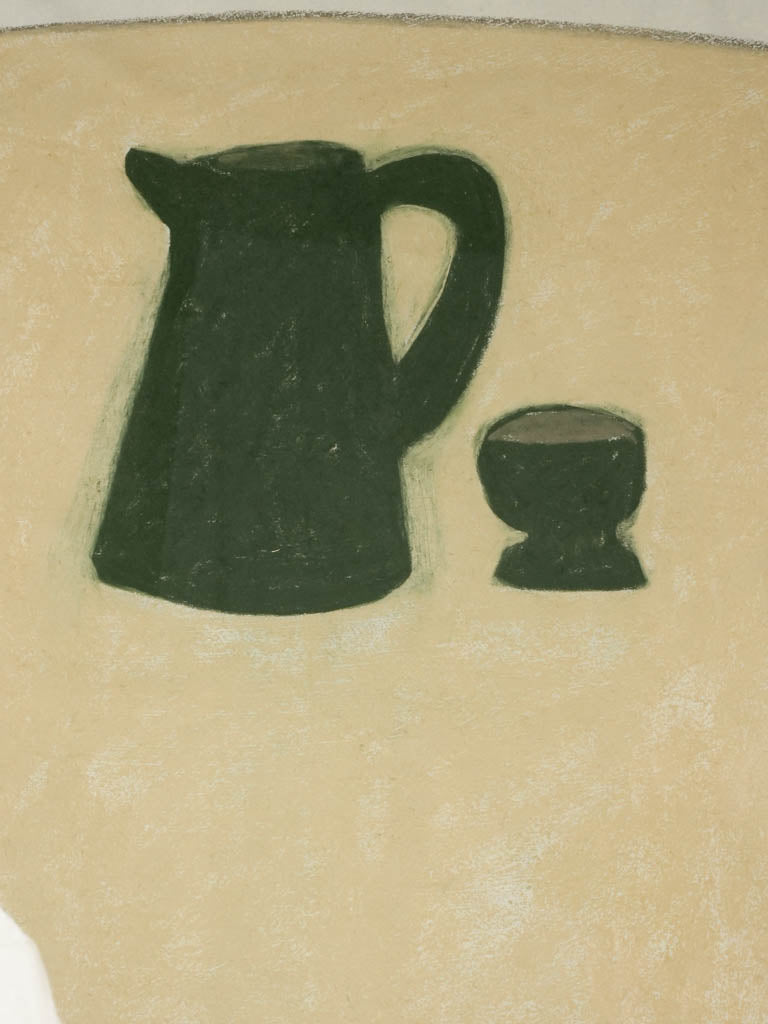 Large modern still life pitcher & cup on table w/ wooden stool - Caroline Beauzon 56¼" x 30¼"