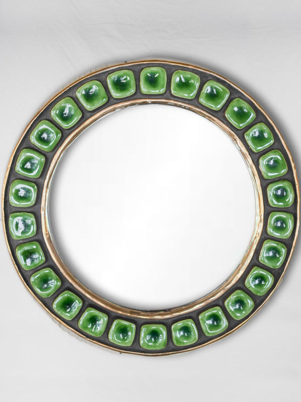 Mid-century round green tiled mirror