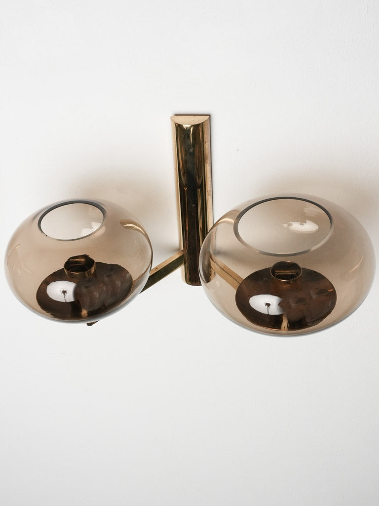 Pair of Sciolari wall sconces - brass & smoke glass cups 8¼" x 13¾"