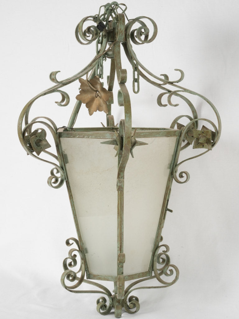 Large antique French lantern w/ green patina 30¼"