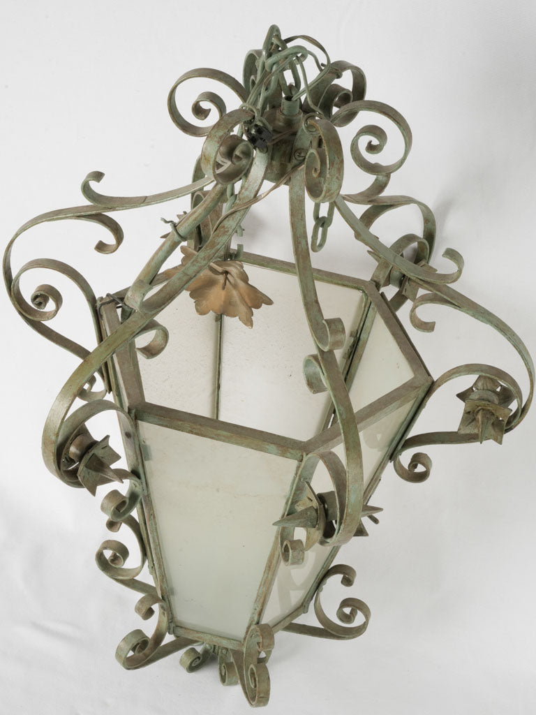 Large antique French lantern w/ green patina 30¼"